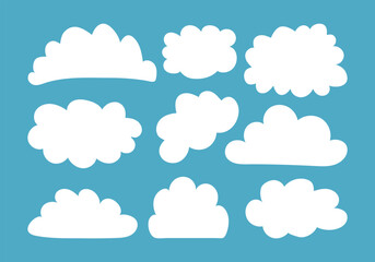 Obraz premium Hand drawn Cloud set in flat design. White weather element on blur background. Empty textbox