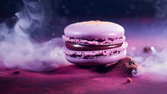 Close-up of a purple macaron with chocolate filling surrounded by mist on a pink and purple background. Gourmet dessert