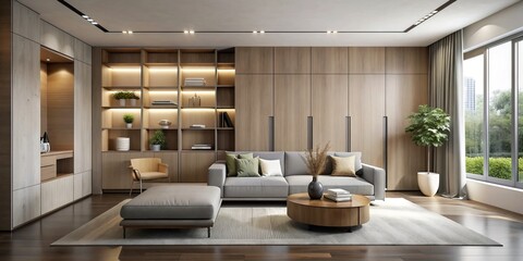 Sleek design features crisp lines, calming neutral hues, and concealed compartments.