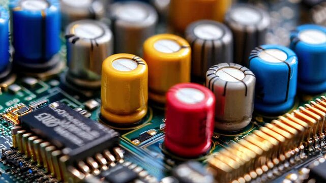Get an up-close look at various electronic components on a circuit board, showcasing capacitors and other intricate details.