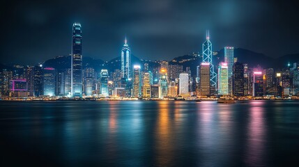 Fototapeta premium An aerial view of Victoria Bay in Hong Kong, capturing the cityscape with light trails from a ferry boat and the skyline of several skyscrapers. 