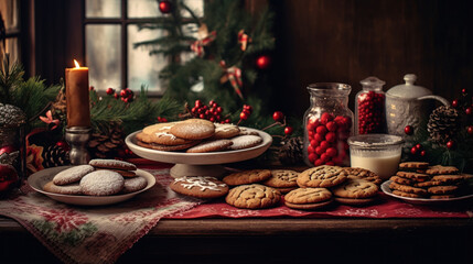 Naklejka premium Tasty homemade Christmas cookies on the table. Gingerbread. Christmas holiday treats.