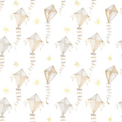 Watercolor seamless pattern with kites in neutral colors. Hand painted background for baby boy and baby girl.