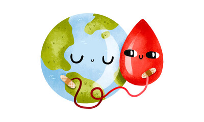 Planet earth and a drop of blood. Blood donor day. Medical illustration, health care. Illustration on isolated background. Children's cartoon illustration