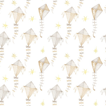 Watercolor seamless pattern with kites in neutral colors. Hand painted background for baby boy and baby girl.