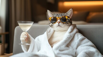 A cat in a white bathrobe relaxing with a cocktail and wearing sunglasses.