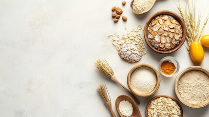 Ingredients for preparing bakery items, such as flour, sugar, eggs, butter, and baking powder, alongside utensils like mixing bowls, measuring cups, and a rolling pin, arranged on a light background. 