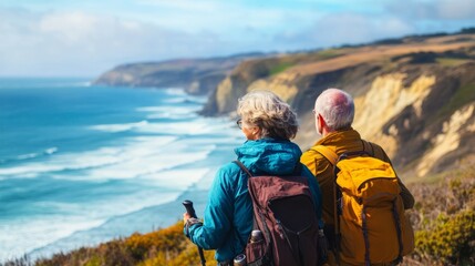 Fototapeta premium Senior couple admiring the scenic Ocean coast while hiking, filled with wonder at the beauty of nature during their active retirement