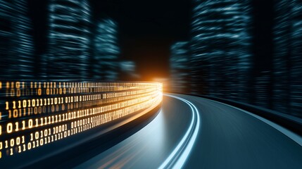 Digital Highway:  A glowing trail of binary code illuminates a winding road leading to a bright future, a concept that symbolizes the rapid pace of technological advancement 