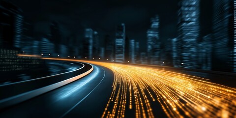 Obraz premium City Lights, Digital Highway: A mesmerizing abstract image capturing the essence of urban energy and technological advancement. Blurred city lights illuminate a winding digital highway