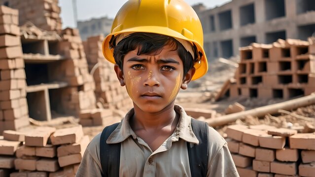 A poor sad boy with tears in eyes, wearing yellow helmet, carrying heavy bricks on his back, working on a construction site, world day against child labor
