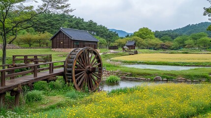Fototapeta premium Old wooden mills set in a field within a park in South Korea, showcasing traditional architecture against a natural landscape.