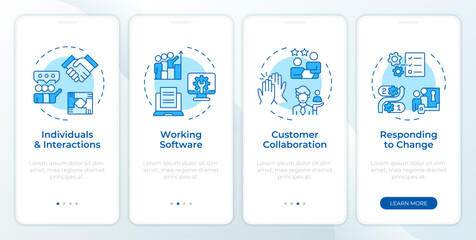 APM values blue onboarding mobile app screen. Workflow control. Walkthrough 4 steps editable graphic instructions with linear concepts. UI, UX, GUI template. Montserrat SemiBold, Regular fonts used