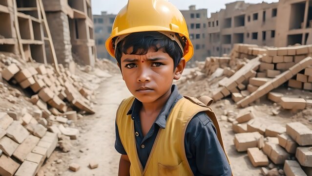 A poor sad boy with tears in eyes, wearing yellow helmet, carrying heavy bricks on his back, working on a construction site, world day against child labor