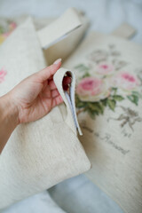 beige pillows with details Velcro