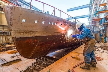 A shipyard worker meticulously welding the hull of a boat, demonstrating skill and craftsmanship in a vibrant industrial setting.