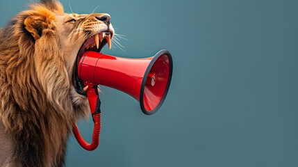 Lion roaring on a megaphone. Advertisement concept with wide copy space for text. 