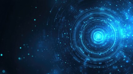 Futuristic digital blue technology background with abstract sci-fi elements, glowing particles, and geometric patterns.