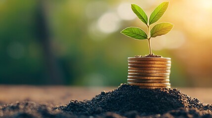 Plant Growing From Coins in Soil.