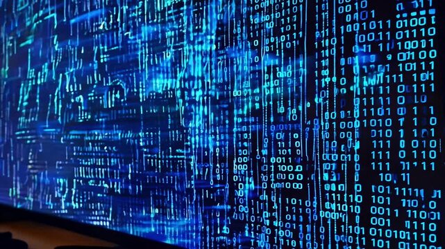 A detailed display of digital data visualization featuring binary code patterns in a high-tech exhibition setting.