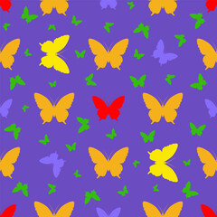 Seamless pattern with a silhouette of a multicolored butterfly on a purple background.