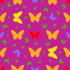 Seamless pattern with a silhouette of a multicolored butterfly on a cherry background.