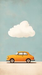 Yellow Car Under a Cloud: A whimsical, vintage car driving under a fluffy white cloud against a pale blue sky.  A retro illustration with a modern minimalist aesthetic. 