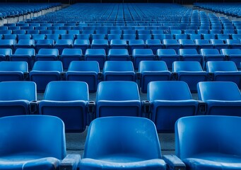 blue seats in the stands of an empty stadium, stock photo, high resolution, super detailed