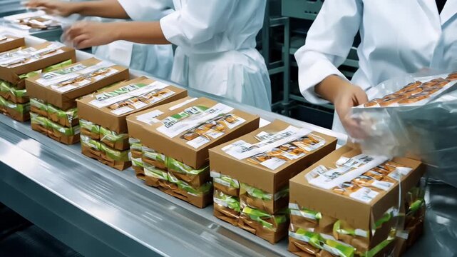 Workers efficiently package food items in a factory, ensuring proper sealing and preparation for distribution.