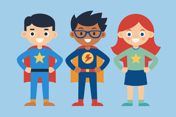 Cartoon students each dressed up as superheroes