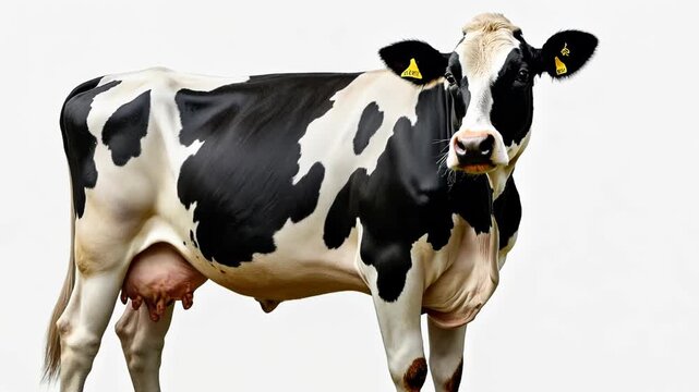 Holstein cow stands calmly, showcasing distinctive black and white coat pattern. Side profile highlights the animal's strong build and characteristic markings against stark white backdrop.	