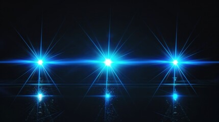 Three blue lens flare beams on black horizontal background hyper realistic octane render photography 