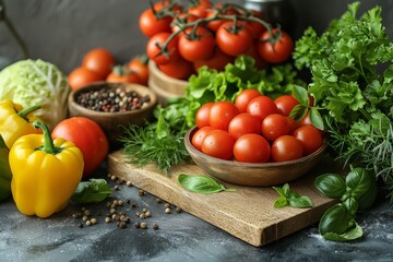 Red tomatoes surrounded by other vegetables on a wooden board. Generative AI