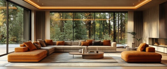 Fototapeta premium Luxurious Modern Living Room In 3D Rendering, Highlighting Elegance And Comfort
