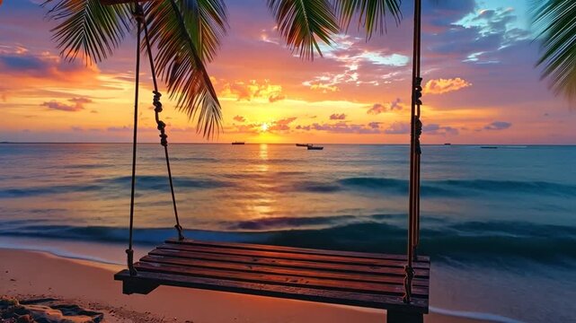 Relaxing beach sunset with swing and palm trees in tropical paradise