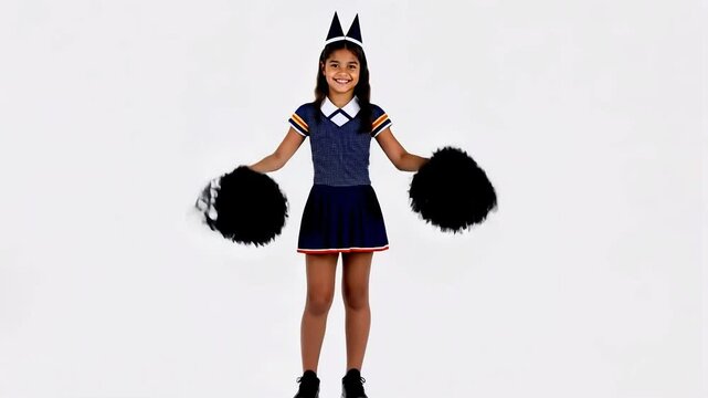 Child girl wearing a cheerleader costume, cheerfully posing with black pom-poms, against a white background