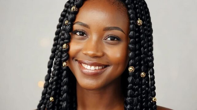 Close-up of a beautiful young black woman with long black braids smiling at the camera