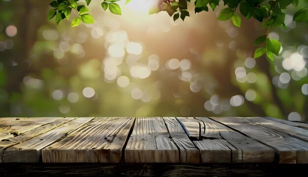 Outdoor wooden table for product presentation in 3D.
