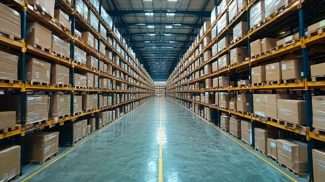 Observe a well-arranged warehouse filled with stacked pallets and clear pathways, highlighting efficient storage solutions.