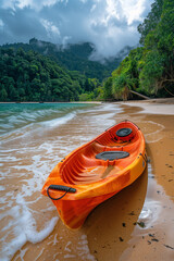 Vibrant Orange Kayak on Serene Tropical Beach with Lush Green Forest and Cloudy Sky