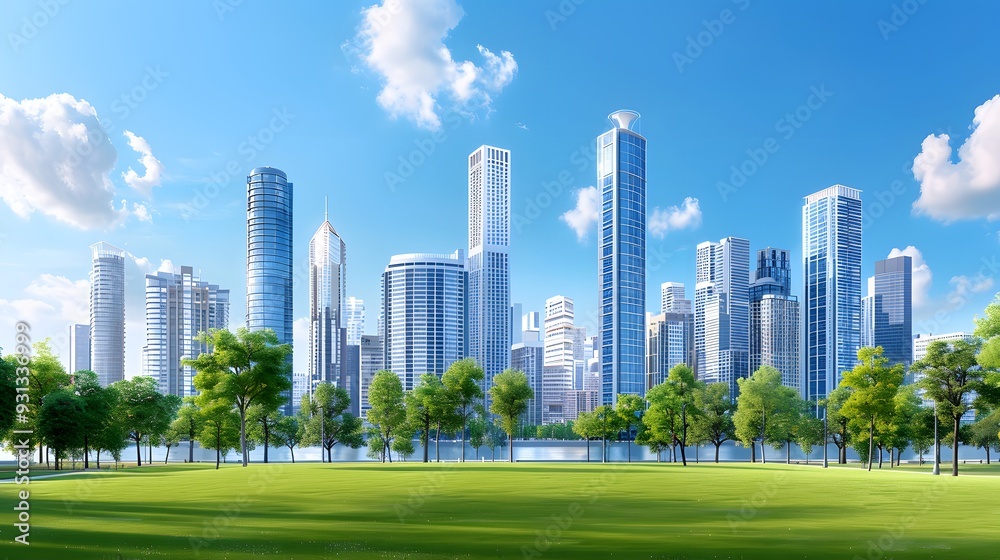 Wall mural an urban park surrounded by contemporary high-rise buildings. list of art media minimalist realistic