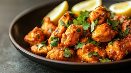 Fototapeta premium A close-up of a plate of spicy chicken 65 with lemon wedges, leaving space on the side for text