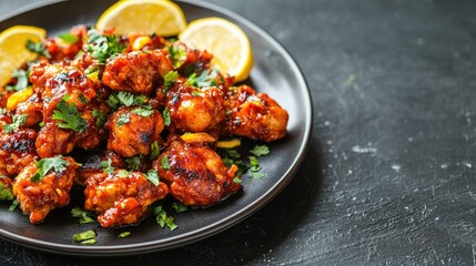 A close-up of a plate of spicy chicken 65 with lemon wedges, leaving space on the side for text