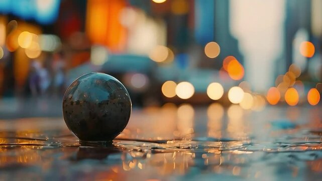 A silver ball  is sitting on  a wet sidewalk , with  blurry lights in the background