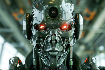 Fototapeta premium Military automated futuristic robot looking into camera screen. Advanced technology, engineer development of artificial intelligence innovation