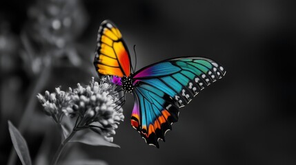 Fototapeta premium A vibrant butterfly perched on a flower in a monochrome setting.