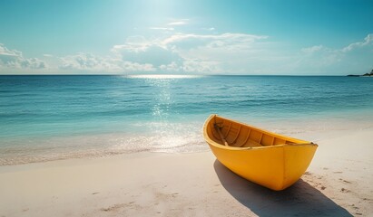 Yellow boat on the white sand beach with a beautiful sea and sun flare, vacation background concept. The boat sits on the beach.
