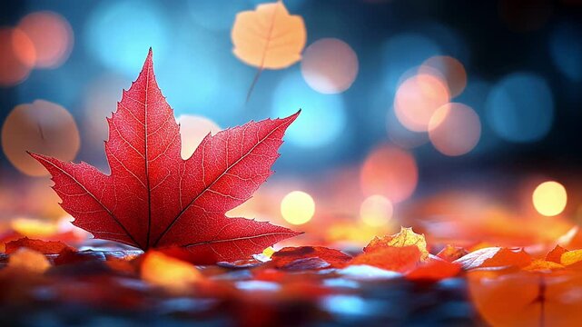 A striking red maple leaf rests among fallen leaves, illuminated by soft, ambient light in a tranquil forest during autumn.