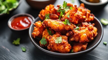 A serving of hot, crispy pakoras with chutney, with room on the top for text