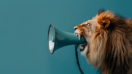 Fototapeta premium Lion roaring on a megaphone. Advertisement concept with wide copy space for text. 